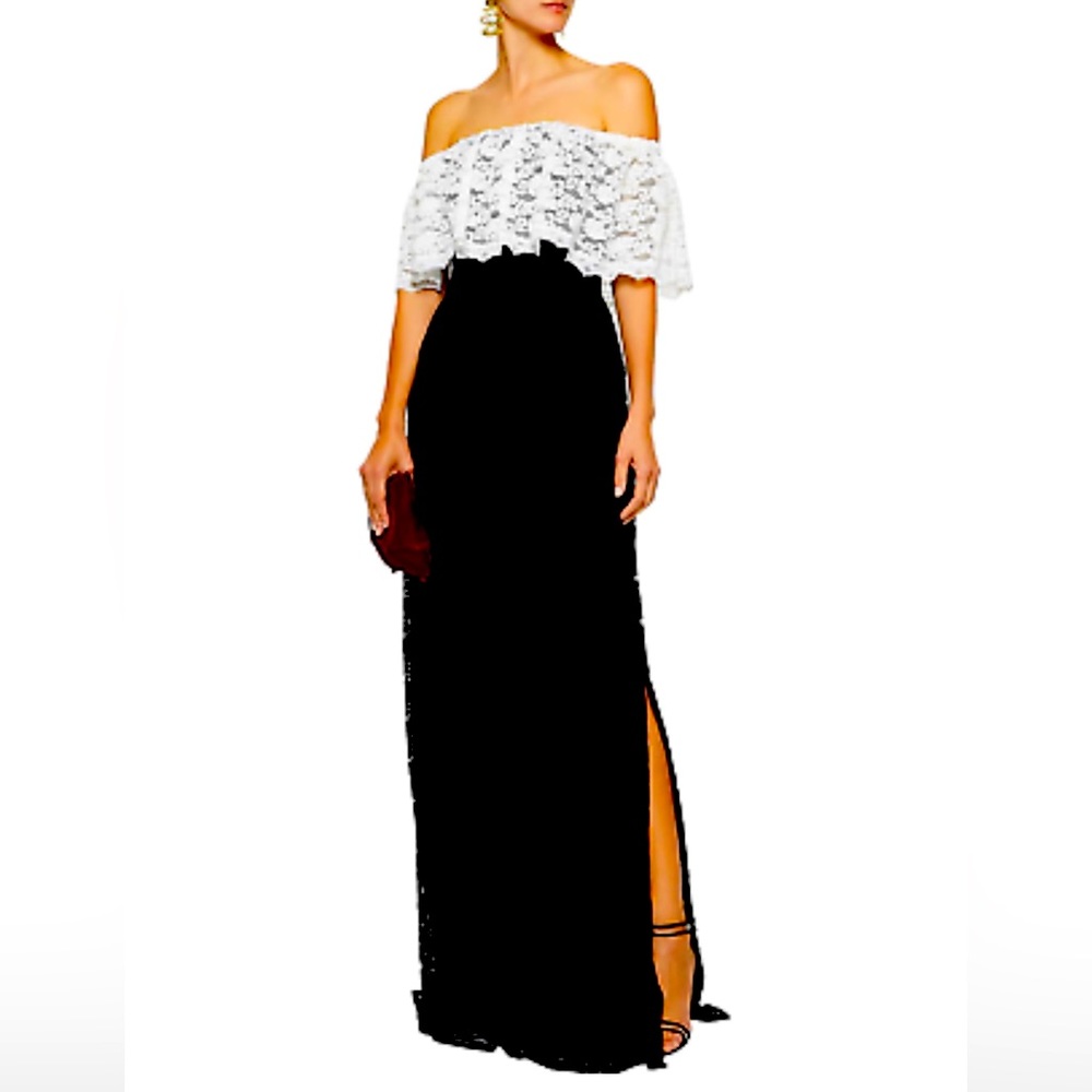 NEW Mikael Aghal Black White Lace Off The Shoulder Long Dress | size 6